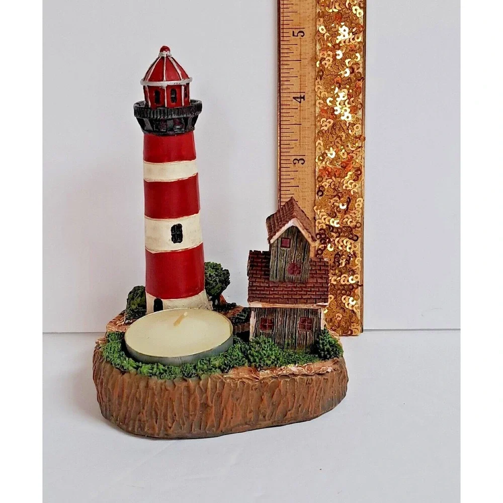 Giftco Lighthouse Cove Polyresin Candle Holder Red White Coastal Decor Tealight